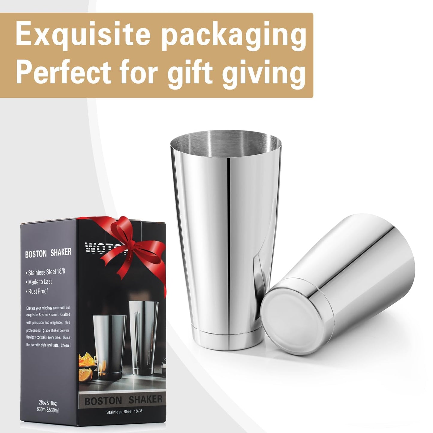 WOTOR Boston Cocktail Shaker Set, 18 oz & 28 oz Stainless Steel Weighted Shaker Tins, Metal Martini Shaker Drink Mixer for Bartending, professional Bar Tools for Bartender (Sliver)