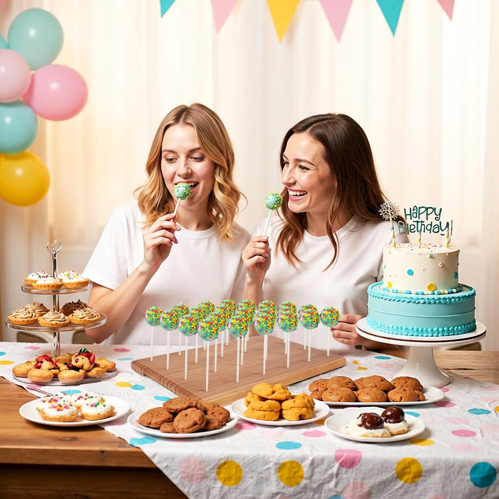 Wooden Cake Pop Stand for Drying, 24 Holes Cake Pop Display Stand with Sticks and Treat Bags, Wood Lollipop Holder for Party Anniversaries Holiday (Walnut, Stand+Sticks+Bags)