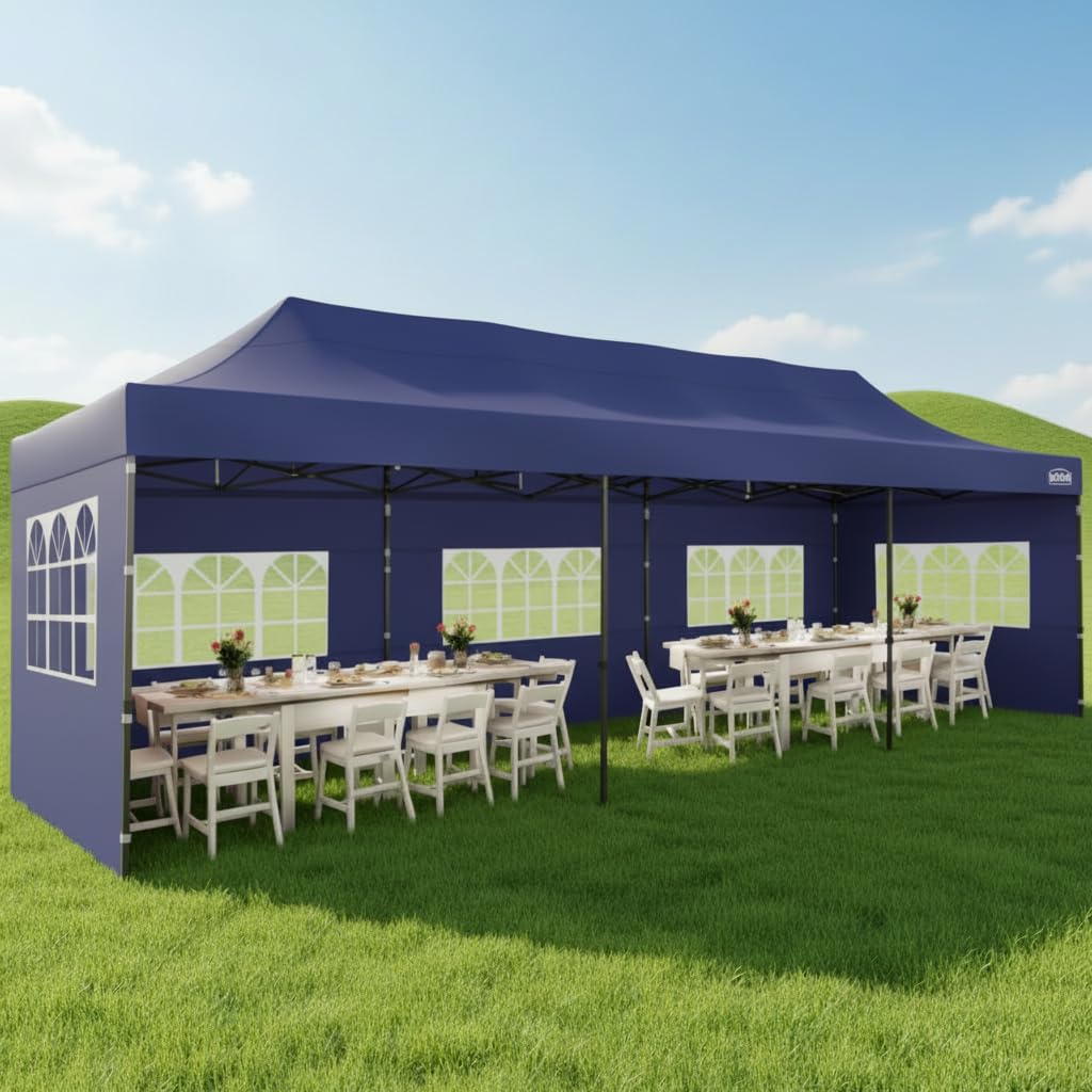 COBIZI 10x30 Pop up Canopy Heavy Duty with 8 Sidewalls,Easy Set-up Commercial Outdoor Party, Foldable UPF 50+ Waterproof Commercial Easy up Canopy with Wheeled Bag, Dark Blue