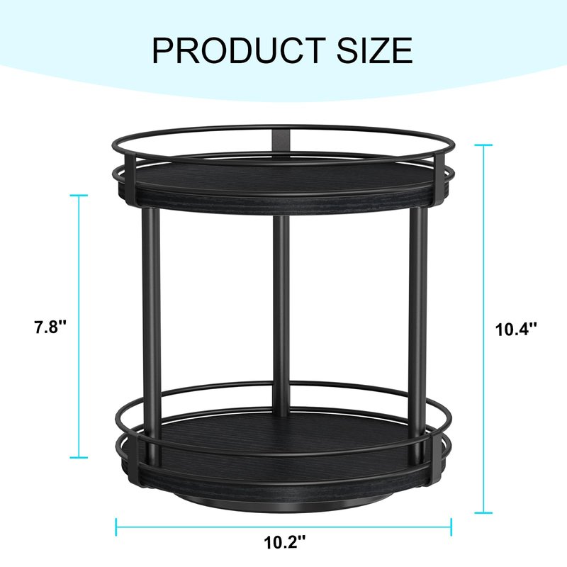 Snughome Lazy Susan Spice Rack, 2 Tier Rotating Spice Rack, Wood Lazy Susan Organizer for Cabinet, Black Kitchen Counter Shelf, 10.2" x 10.2" x 10.4"
