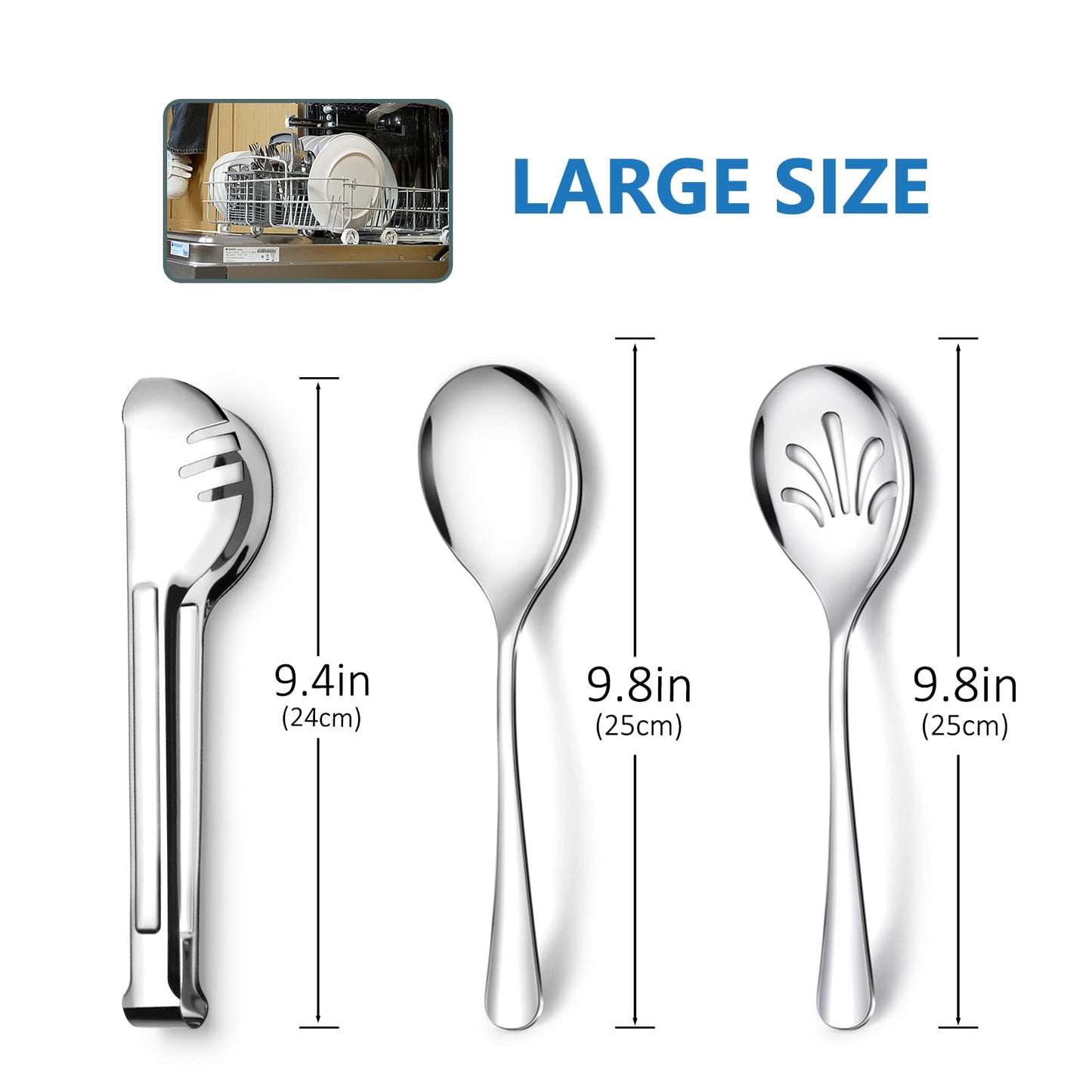 Stainless Steel Metal Serving Utensils - Large Serving sets-10" Spoons, 10" Slotted Spoons and 9" Tongs by Teivio (Silver, Set of 12)