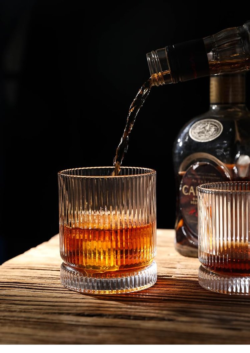 VUNDO Ribbed Whiskey Glasses Set of 8, 12 Oz Lead-Free Crystal Heavy Base Barware Glass, Perfect for Bourbon Rocks Cocktail Scotch Drinking
