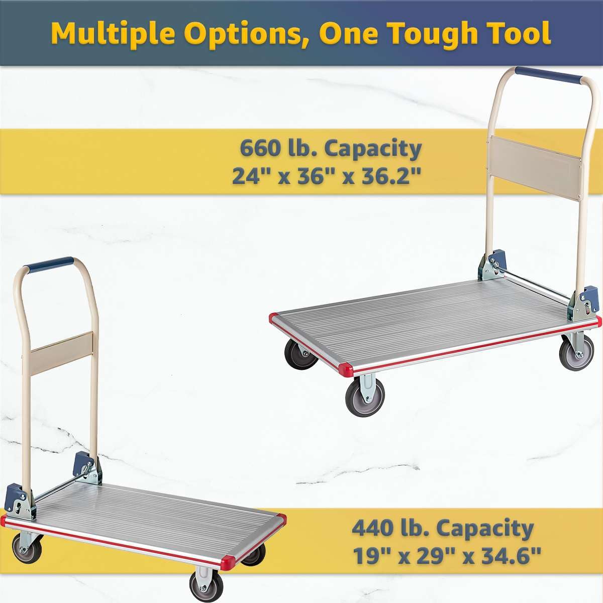Aluminum Platform Truck 440 lb Capacity – Lightweight Cart with Folding Handle, 5″ TPR Casters & Corner Protectors – 19″ x 29″ Utility Dolly for Warehouse, Office, Retail, Silver