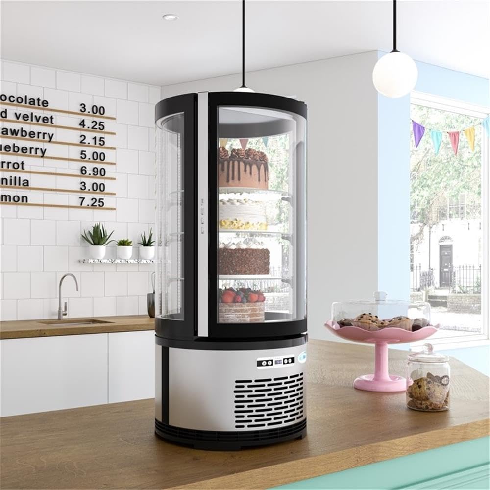 KoolMore Circular Refrigerated Bakery Display Case, 19 in, Silver Finish, 2 Sliding Glass Doors, Adjustable Temperature 33°F-53°F, 5.3 Cu. Ft., Countertop Merchandiser, 2 Shelves for Pastries,
