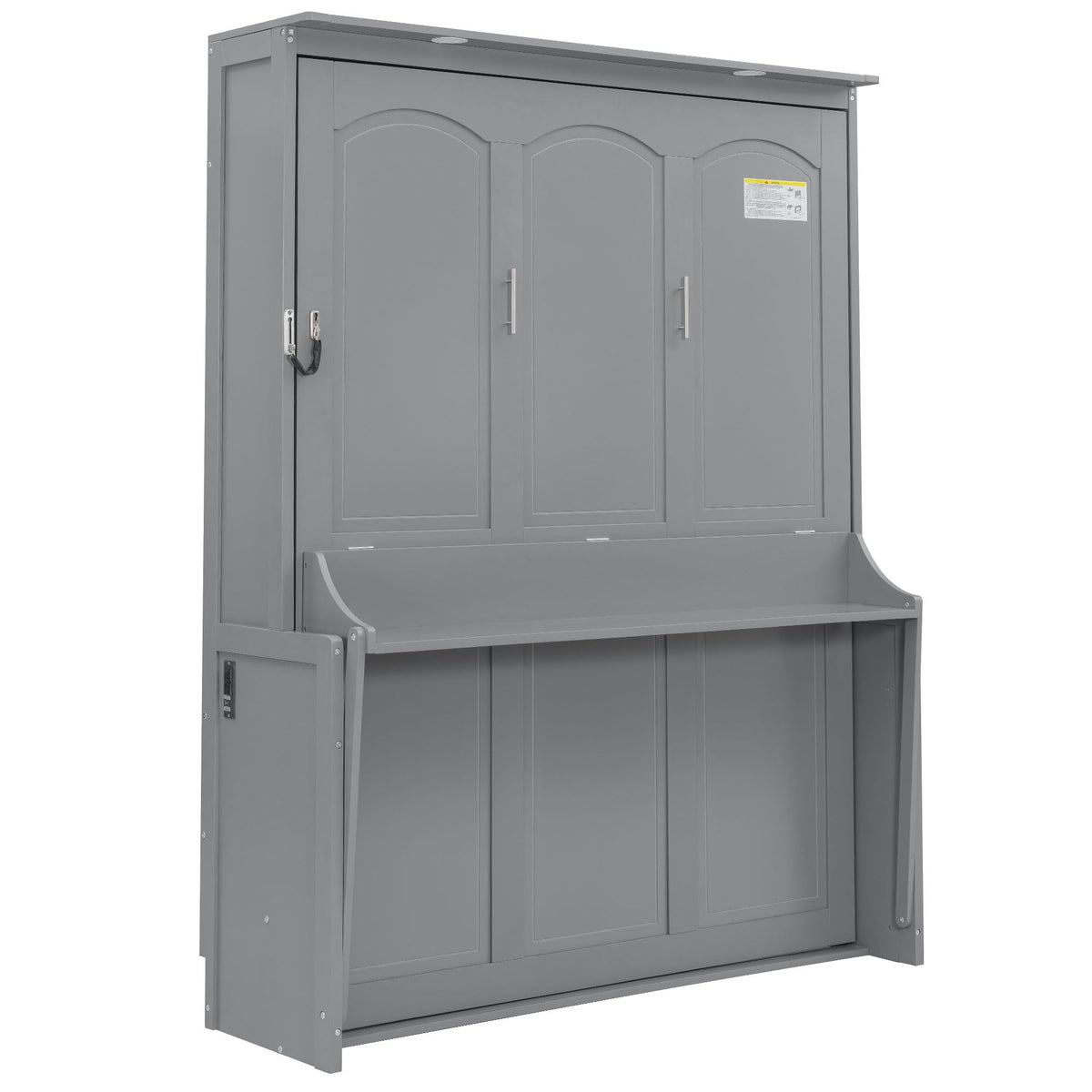 Ball & Cast Queen Size Murphy Bed with Desk,Hideaway Beds w/LED Lights and USB Charging Station,Wood Wall Cabinets Bedframe,Slat Support,Dual Piston Metal Folding Mechanism Designed,Gray
