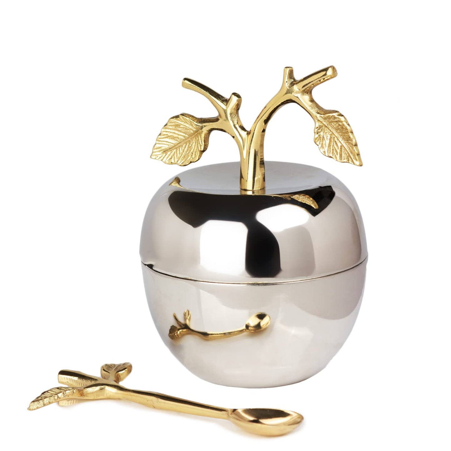 Silver Honey Jar Dish, Apple & Leaf Honey, Jam Server with Dipper Spoon Ideal for Serving Honey, Jams, Jellies, Gorgeous Gold Leaf Spoon, Stainless Steel & Brass, Everyday Rosh Hashanah & any Occasion