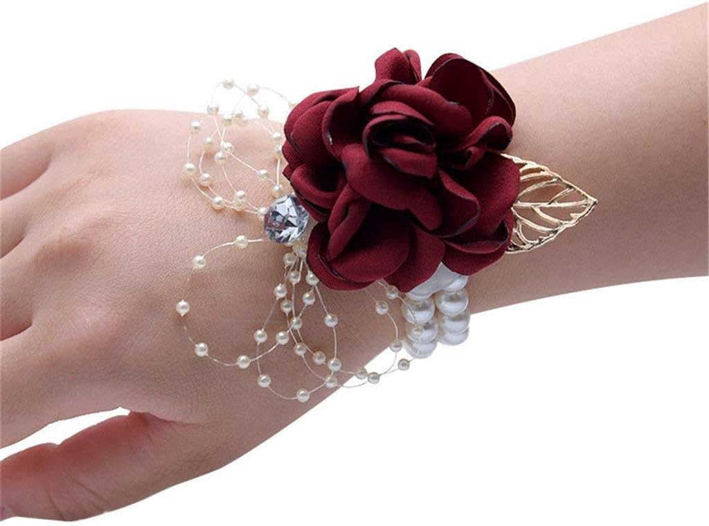 Girl Bridesmaid Wrist Corsage Bridal Silk Flower with Faux Pearl Bead Stretch Bracelet, Gold Leaf for Wedding Prom