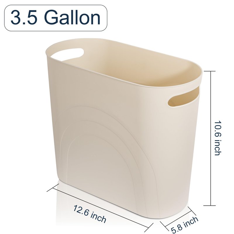 rejomiik Small Trash Can, 3.5 Gallon Slim Garbage Can Plastic Waste Basket with Handles Container Bin for Narrow Spaces Bathroom, Bedroom, Kitchen, Office at Home, Cream
