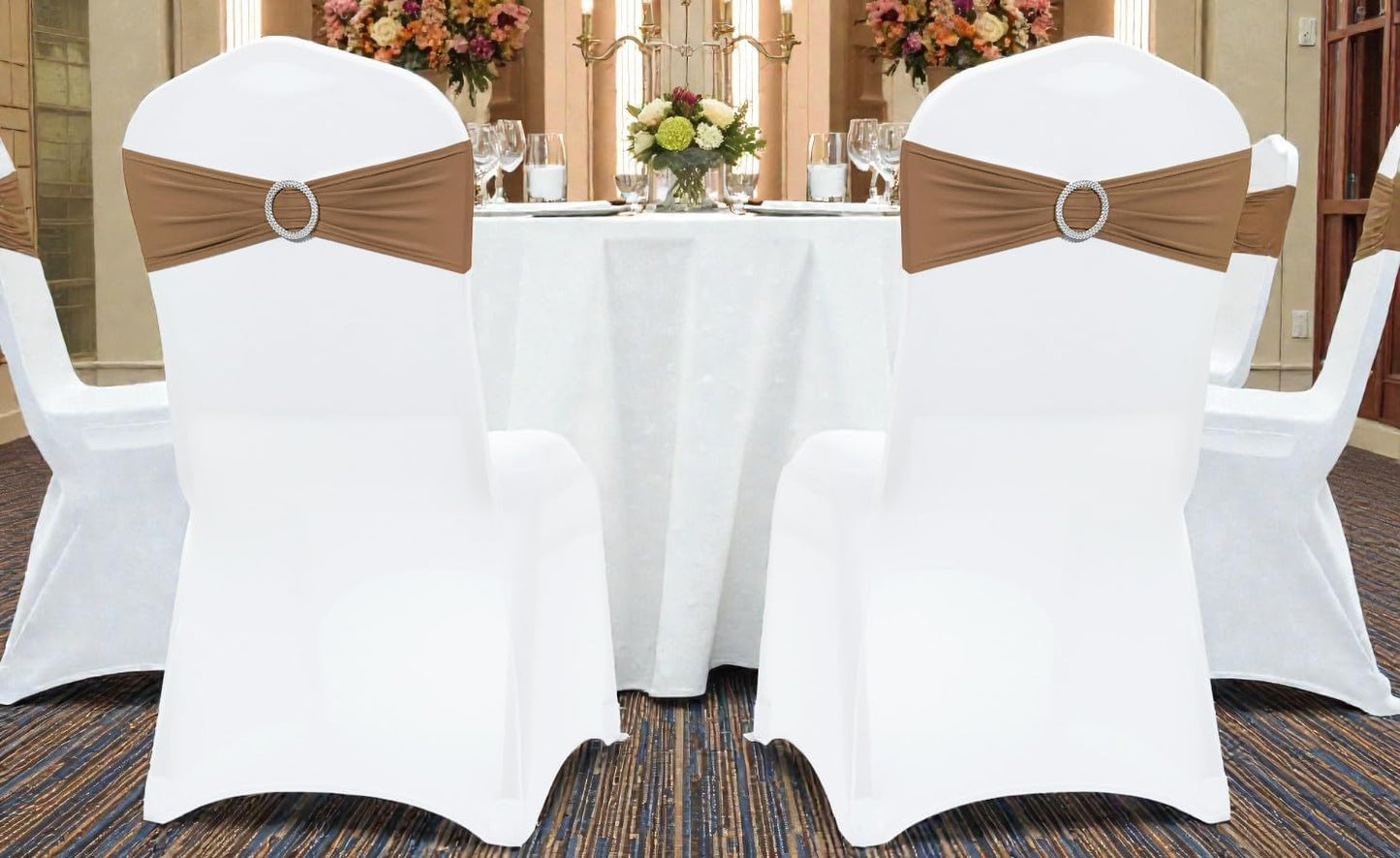 MDS Premium Spandex Chair Sashes - Stretchy Bow Covers with Buckle Slider | 50-Pack in Mocha for Weddings & Events