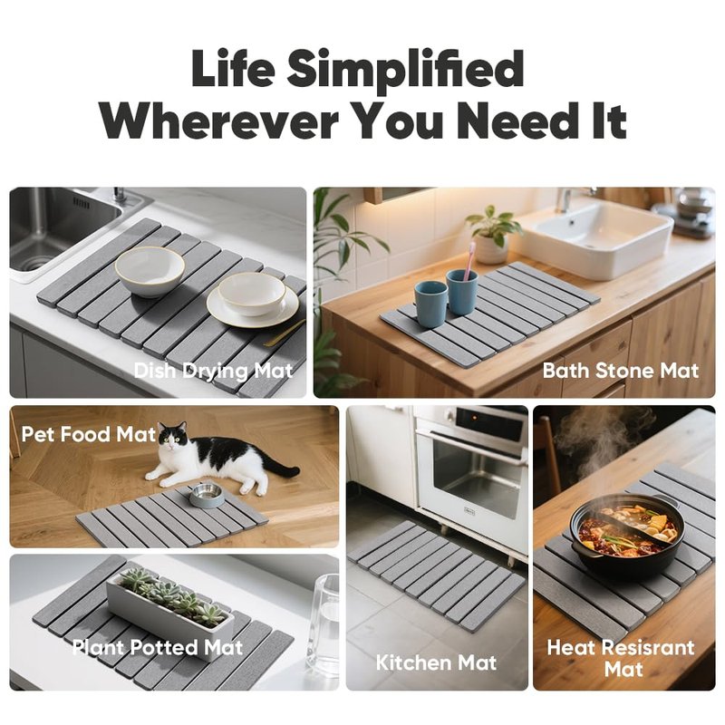 Stone Drying Mat for Kitchen Counter, Quick Diatomaceous Earth Mats for Dishes, 24"L x 16" W Super Absorbent Fast-Drying Collapsible Countertop Stone Mat (Light Grey, 24" x 16")