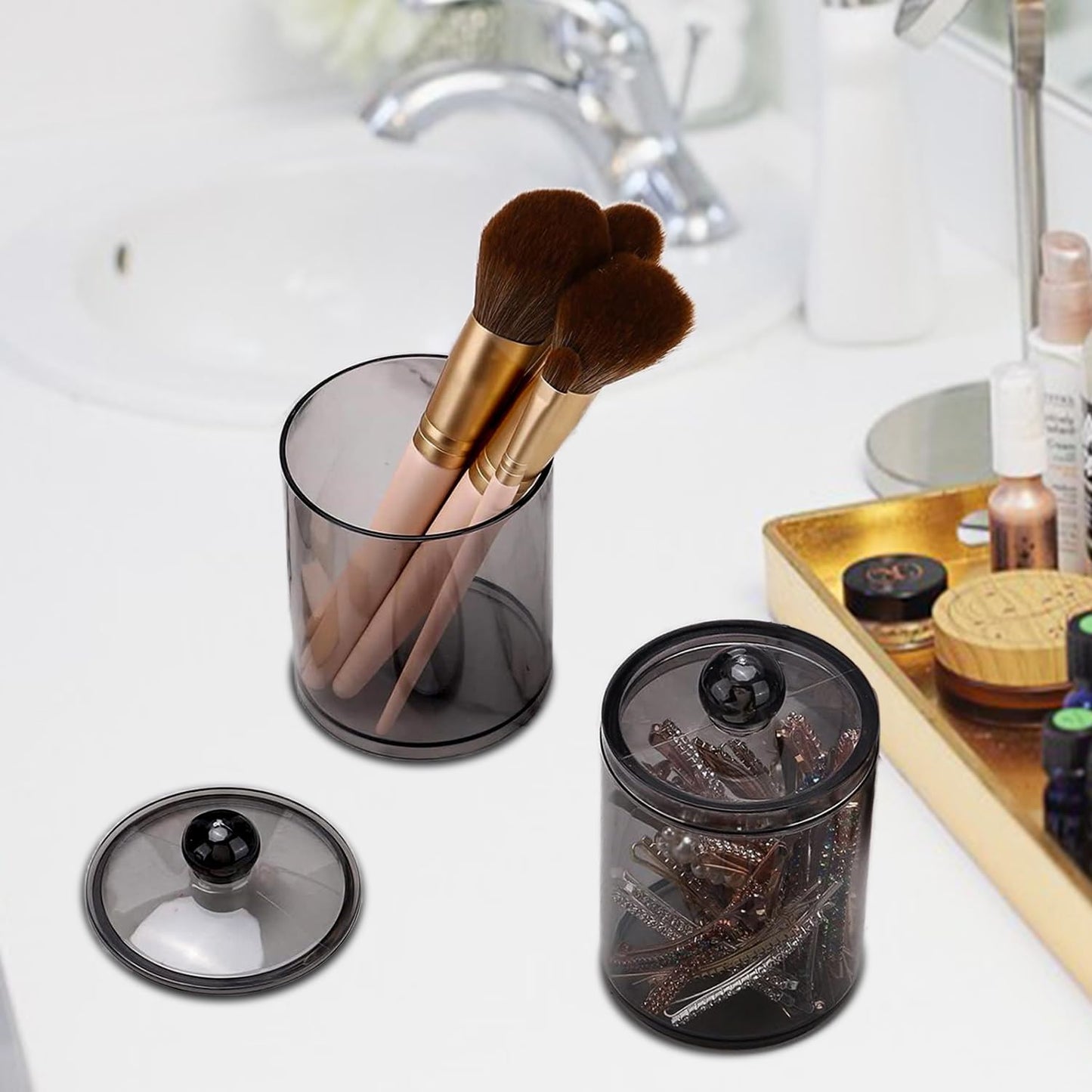 Skiennix Cotton Buds Dispenser - 10 oz Clear Black Apothecary Jar Set for Organized Storage