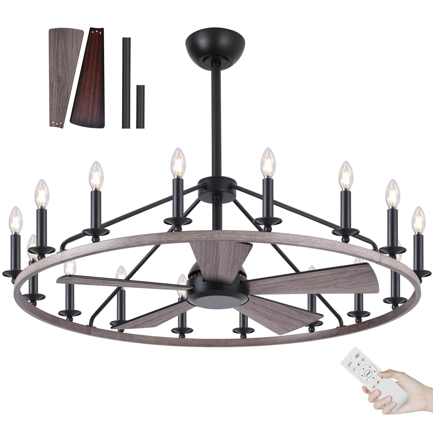 44" Wagon Wheel Chandelier with Fans, Wagon Wheel Ceiling Fan with 16-Lights and Remote, Farmhouse Chandelier for Living Room Dining Room, Adjustable Height, 6-Speed Reversible Quiet Large Fandelier