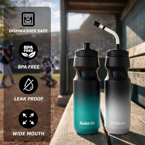 Hockey Water Bottle with Long Straw -32 OZ Squeeze Sports Lacrosse Water Bottles 2 Pack with 2 Lids Each(Straw and Squeeze),for Helmet Hockey,Boxing,BPA Free,Dishwash Safe(Black Blue+Black White)