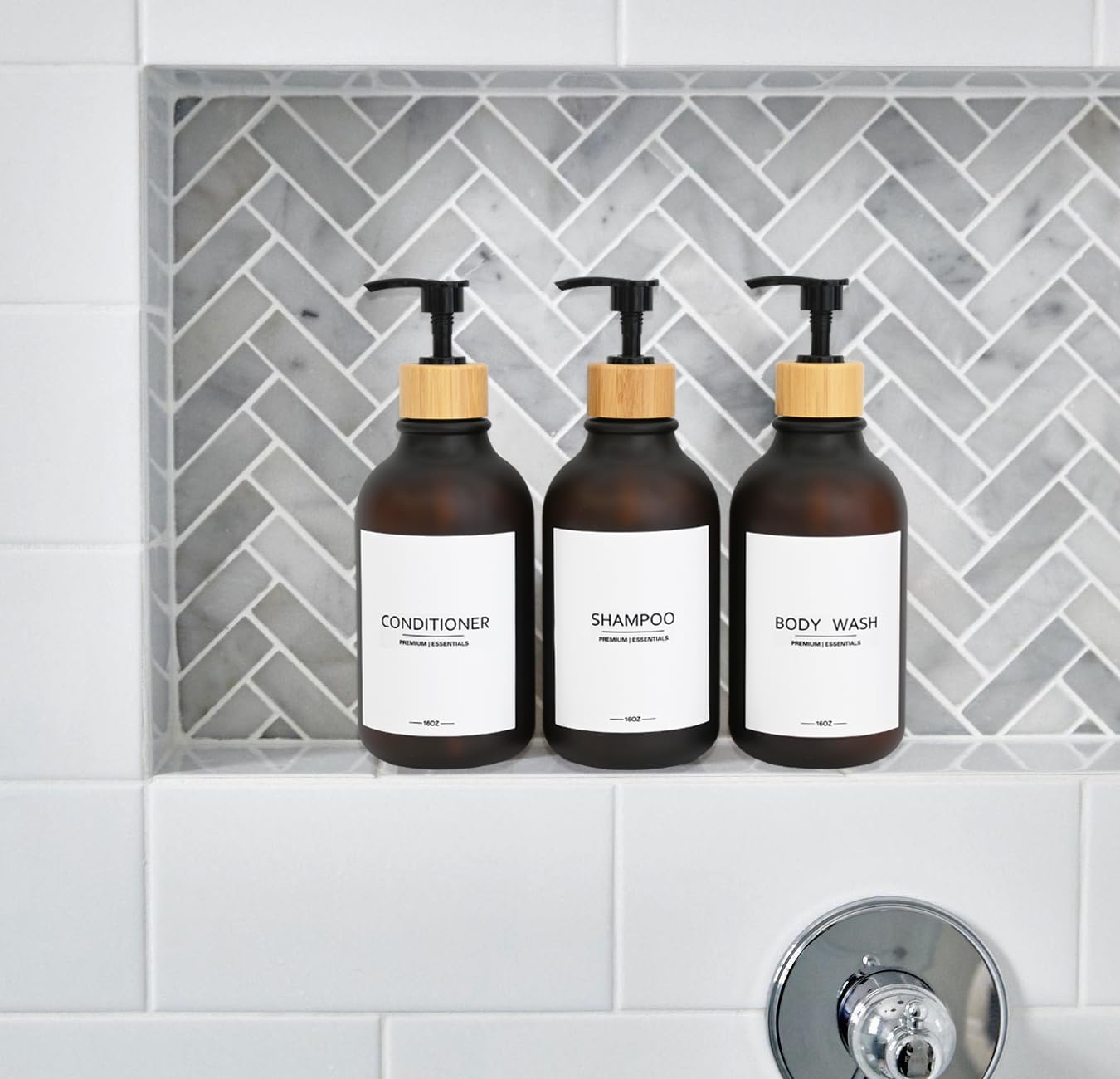 Frosted Plastic Shampoo and Conditioner Bottles, Apothecary Dispenser Bamboo Pump, Refillable Bottles for Shower Lotion, Oil, Hand Soap, Sanitizer, Liquid Soap, Set of 3 with 9 Labels (6, Matte Amber)