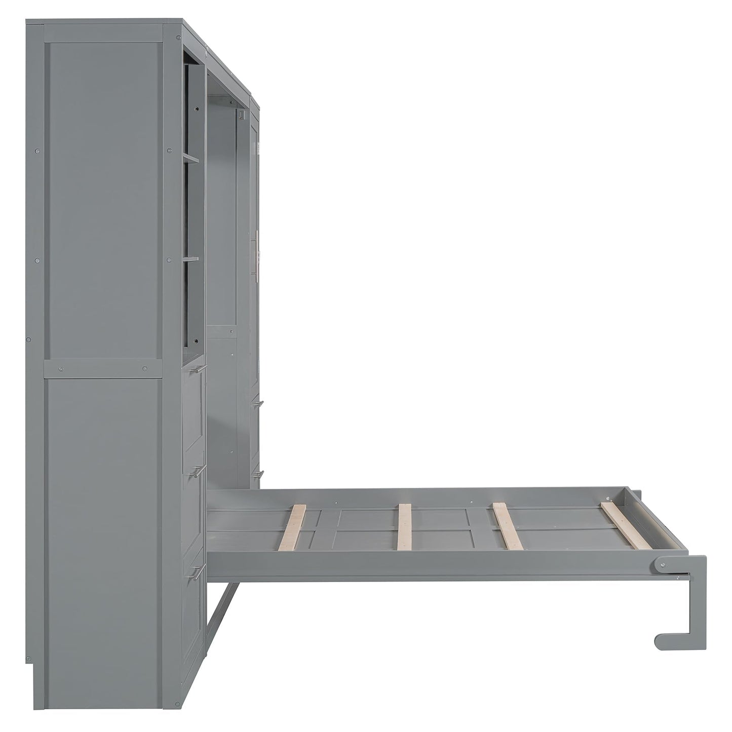 Merax Murphy Bed Queen Size, Built-in Shelves, Storage Drawers and Wardrobe, Wood Folding Wall Bedframe for Guest Room, Home Office, Grey