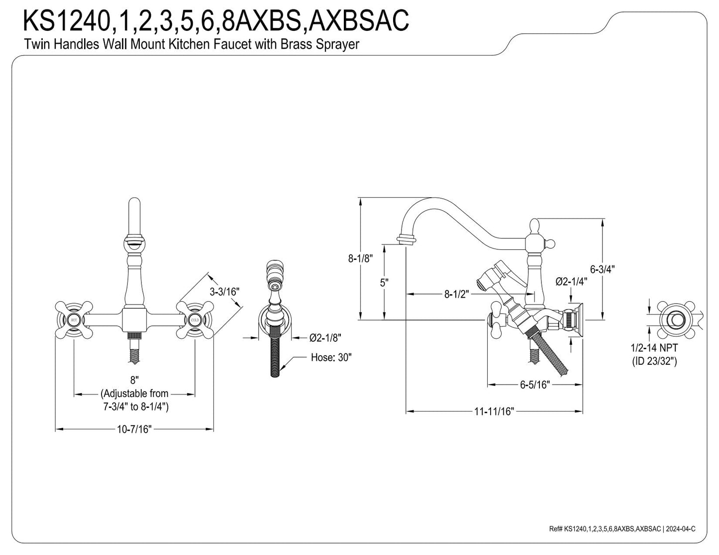 Kingston Brass KS124AXBSAC Heritage Wall Mount Bridge Kitchen Faucet with Brass Spray, Antique Copper