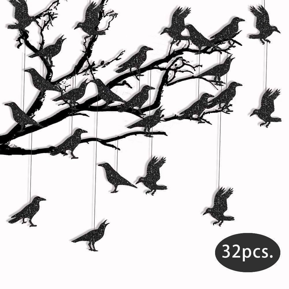 Cheerland Glitter Black Crow Garland Halloween Decorations for Gothic Gatherings Emo Party Tree Hanging Decoration Bird Raven Banner Decal Backdrop Centerpiece for Theme Birthday Party Supplies
