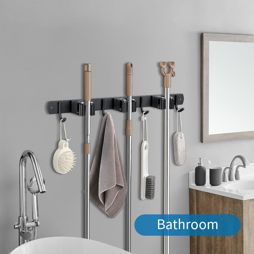 Skiennix Heavy-Duty Broom Hanger & Mop Holder - Wall-Mounted Organizer Rack with 4 Hooks | Matte Black