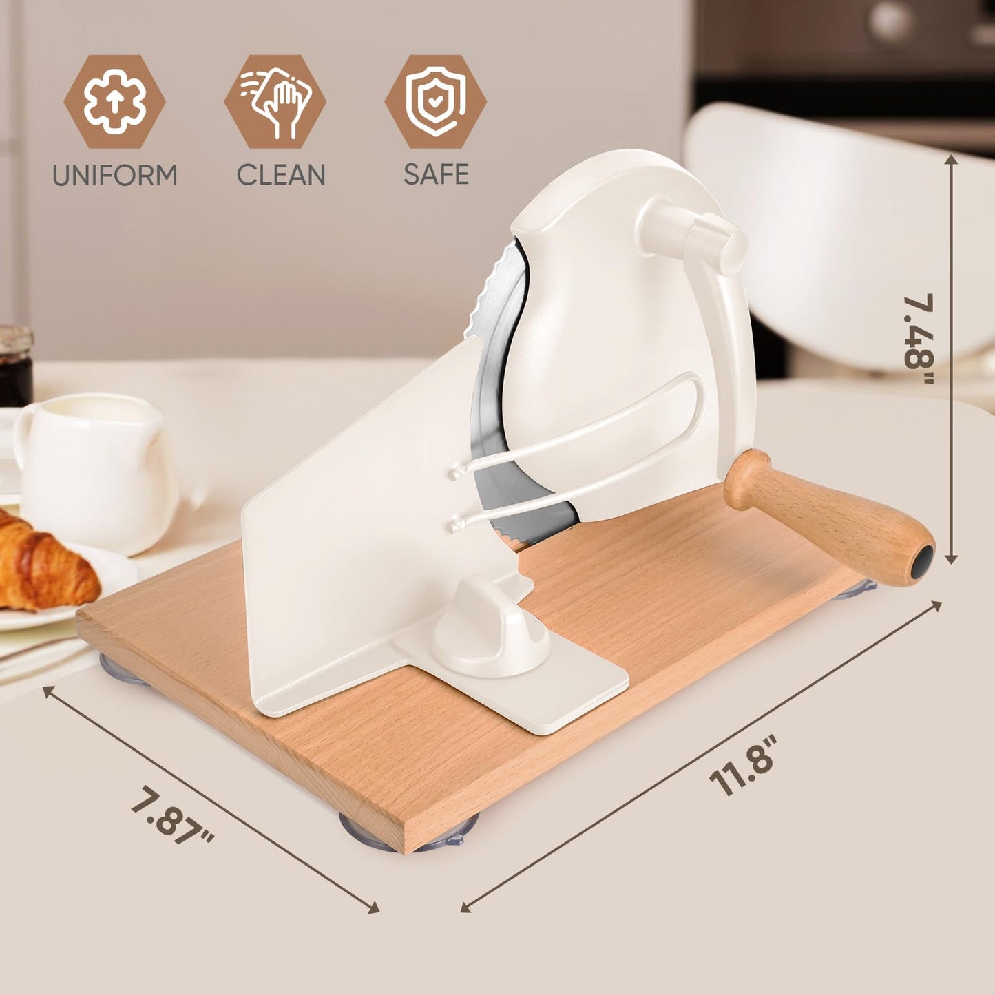 SOWKIPE Manual Bread Slicer with Hand Crank, Classic Home Bread Slicer for Homemade Sourdough, Rotary Slicer with Adjustable Thickness, Premium Stainless Steel & Powerful Suction Cups (White)