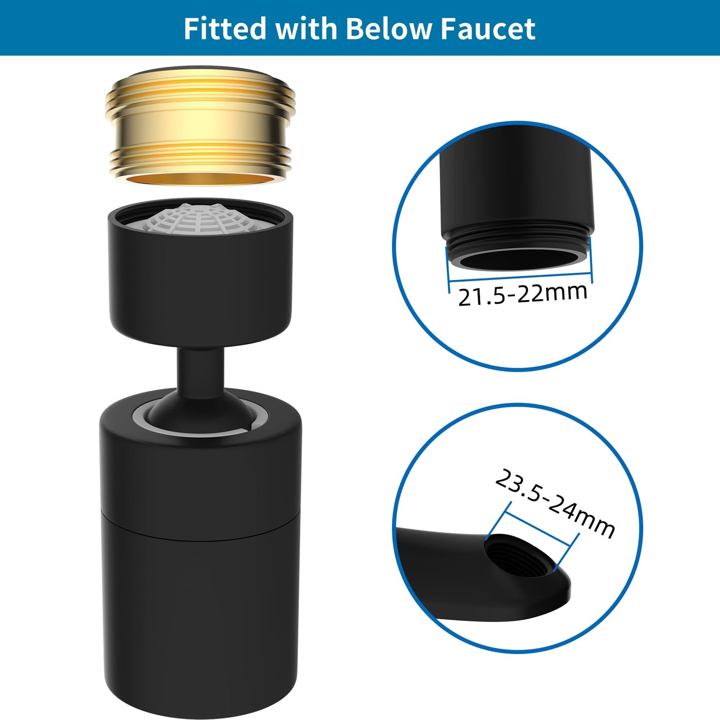Hibbent NSF/ANSI/CAN 61 Certified Faucet Aerator, Kitchen Sink Faucet Aerator, 2-Flow CUPC Certification 360-degree Swivel Faucet Extender, 55/64 Inch Female Thread, Water Saving-Matte Black