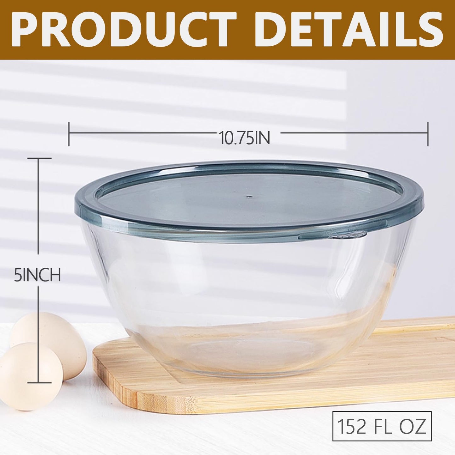 5 Quart Deep Big Glass Bowl with Lid,10 Inch Large Glass Mixing Bowl for Sourdough Bread Kitchen Salad Bread Storage, For Prepping, Marinating & Brining Kimch