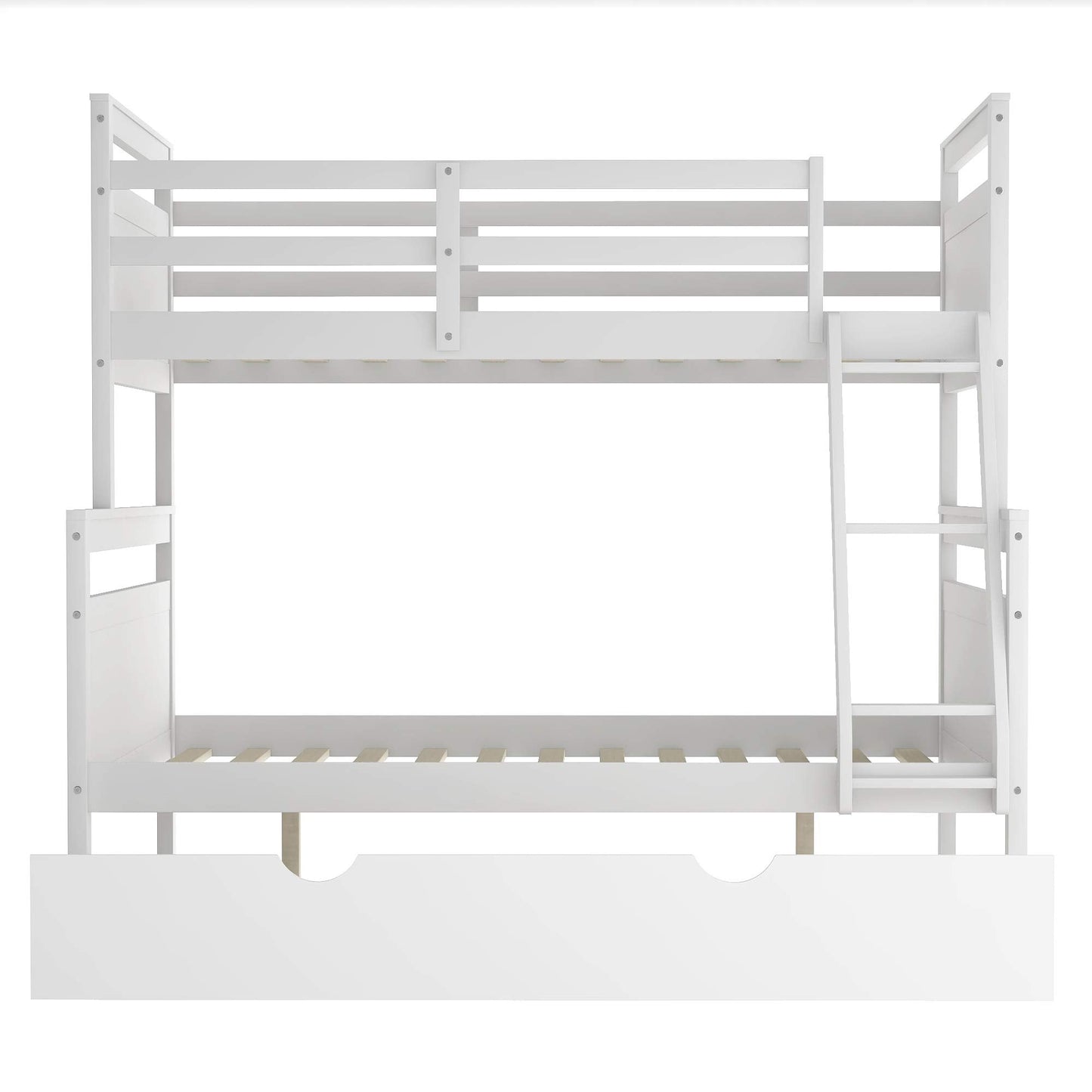 Merax Twin Over Full Wood Bunk Bed Withe Trundle and Safety Guardrail for Teens, Guests,No Box Spring Needed, White