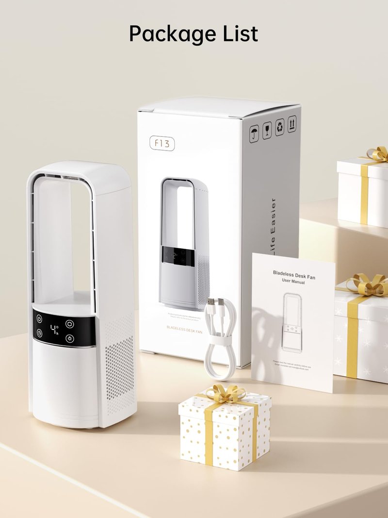 Desk Fan Bladeless, 120ยฐ Oscillating Fan Rechargeable, Quiet Fan with Night Light, Smart LED Touch Control, 4 Speed & 9H Timer, Small Table Fan, Auto Display Off, Ideal for Home, Office, Study Room