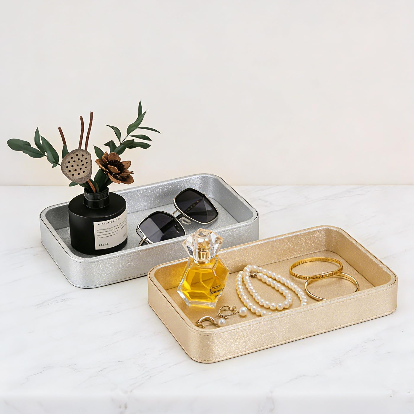 GORESE Gold Perfume Tray, Decorative PU Leather Jewelry Tray for Dresser and Nightstand Organizer, Catch-All Vanity Tray for Purse Bowl, Trinket, Key & Daily Essentials, Luxury Gift for Women