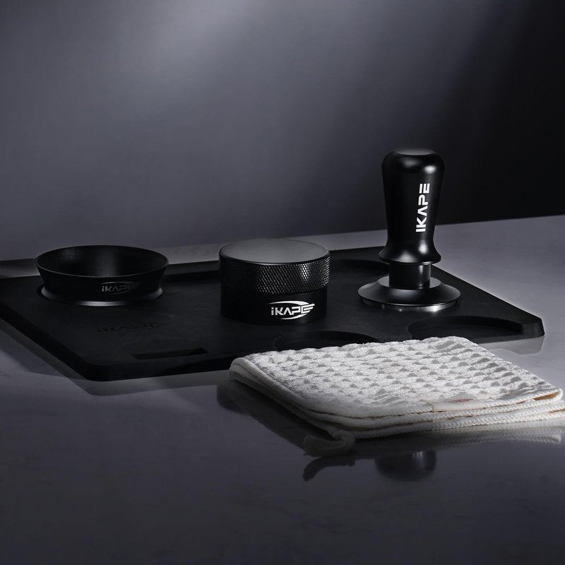 IKAPE 53.3MM Espresso Tamper Kit Black 6 IN 1, Espresso Tool Kit with Coffee Tamper, Distributor, Magnetic Dosing Funnel, Silicone Mat, Puck Screen, Cleaning Towel