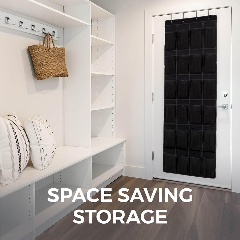HOME GENIE Over the Door Hanging Shoe Organizer, 2 Pack - 24 Breathable Mesh Pockets, Black Closet Rack Storage