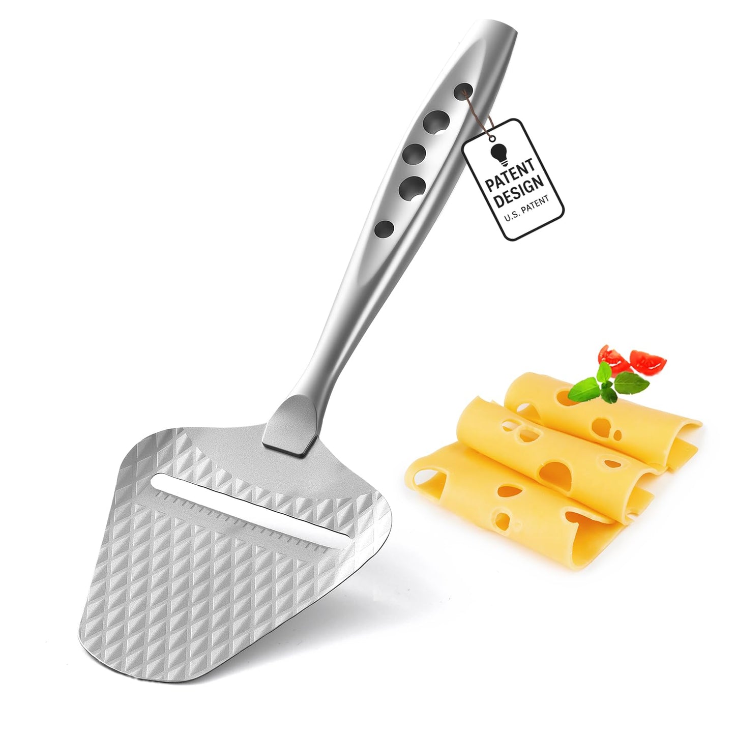 Premium Cheese Slicer – Effortless Slicing for All Cheese Types – Multi-Functional Cheese Cutter - Stainless Steel Cheese Plane – Quilted Pattern Reduces Resistance, Non-Stick, Ergonomic Handheld Grip