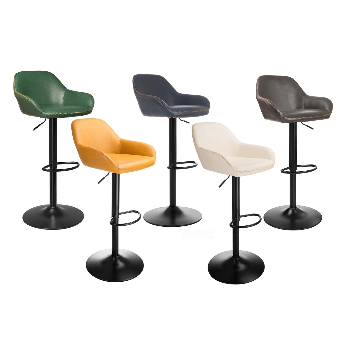 Glitzhome Bar Stools Set of 3, Adjustable Counter Height Bar Chairs with Back Support and Footrest, PU Leather Upholstered Swivel Bar Stools for Kitchen Island Dining Room Pub Home Bar, Navy Blue