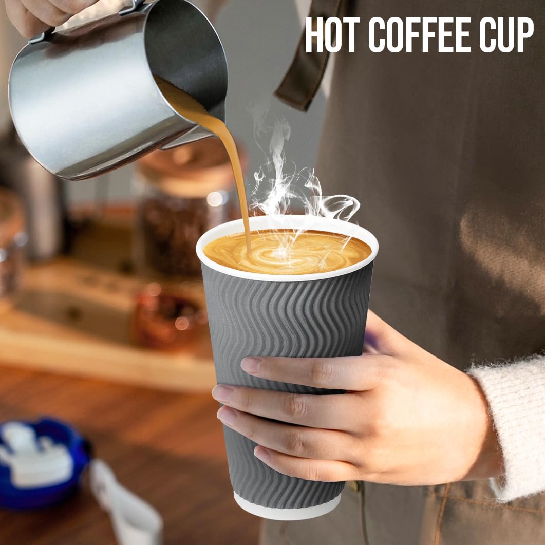 BYSNOW 100 Pack 16 oz Coffee Cups with Lids, Disposable Insulated Hot Cups To Go Paper Coffee Cups, Corrugated Ripple Wall Cup for Hot Drink, Office, Coffee Bar (Grey 16 oz)
