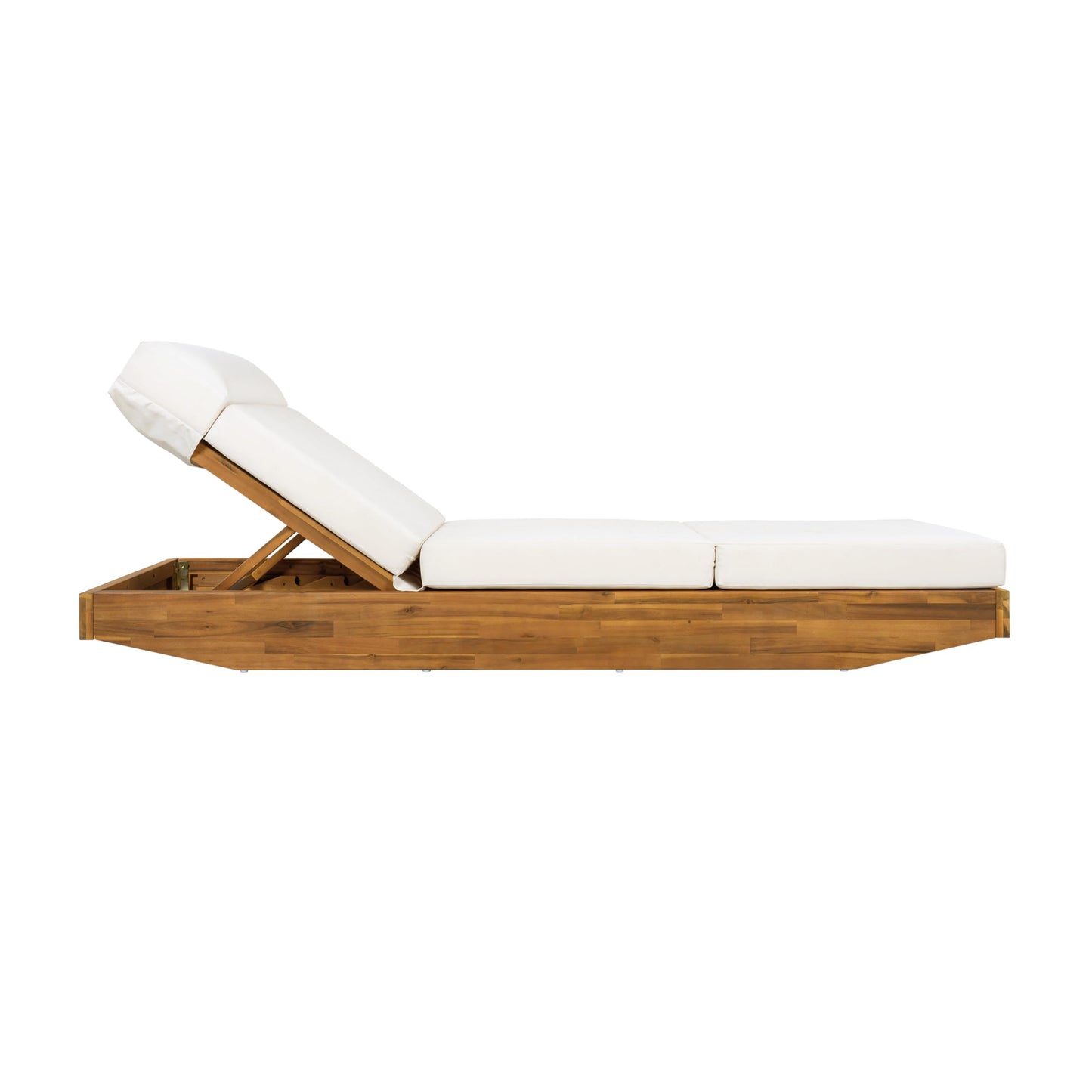 Modern Acacia Wood Outdoor Chaise Lounge with Cream Water-Repellent Cushion & Integrated Headrest, Adjustable & Foldable Design for Patio, Poolside, Garden