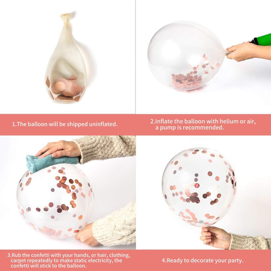 Rose Gold 47th Confetti Latex Balloons, Happy 47 Years Birthday Party Decoration with Confetti, 12in, 16 Pack
