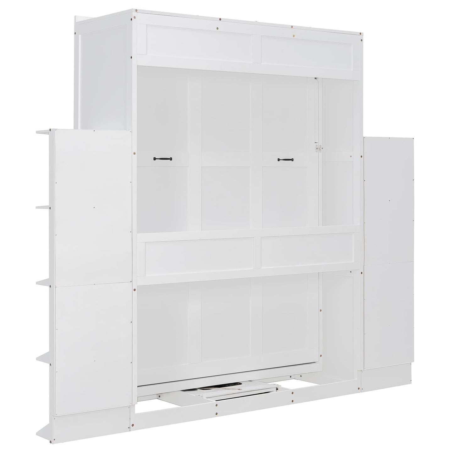 Rotating Full Murphy Bed with Hidden Wall Cabinet, Dual 3-Tier Side Shelves, Convertible Desk, Extra Storage Racks, Space-Saving Multifunctional Wall Bed for Home Office &Small Rooms, White