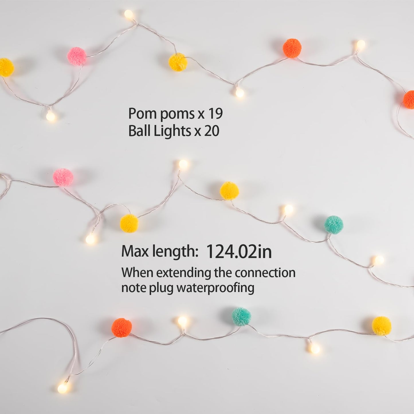 LED Pom Poms Fairy Lights - 21Feet, 20 LED, Battery Operated, Warm White Globe Lights Cute for Home,Kids Playhouse, Holiday, Christmas, Kids Room Party Birthday Wedding Valentines Decorations