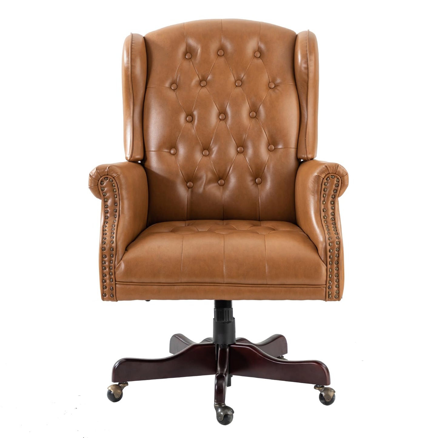 HULALA HOME Tufted PU Leather Office Chair with Wingback and Nailhead Trim, Adjustable Swivel Desk Chair with Rolled Armrests and Casters, Vintage Style(Camel)