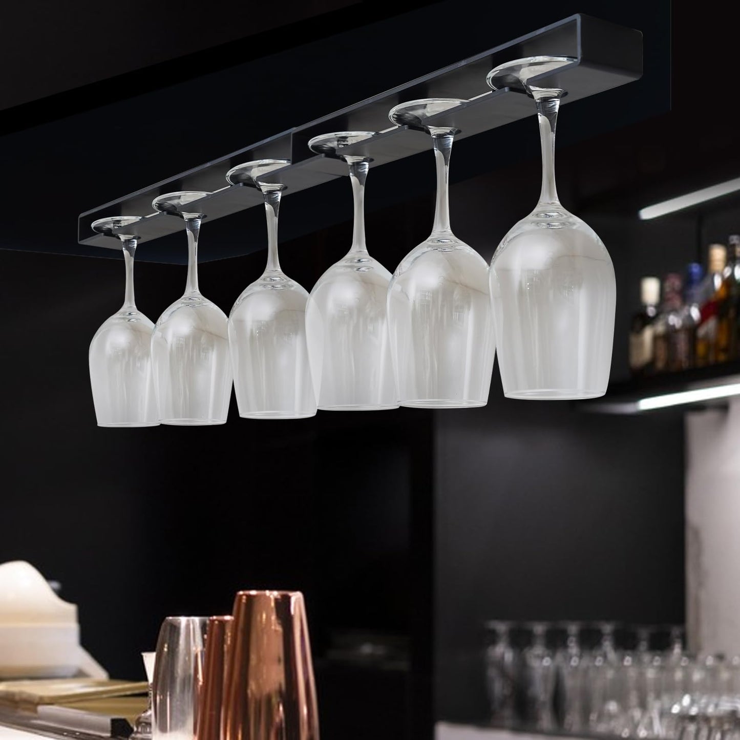 AQJUNONG 2 Pack Wine Glass Rack, No Drilling Under Cabinet Stemware Rack Organizer Hanger for Bar and Kitchen Cabinet (Classic Black)