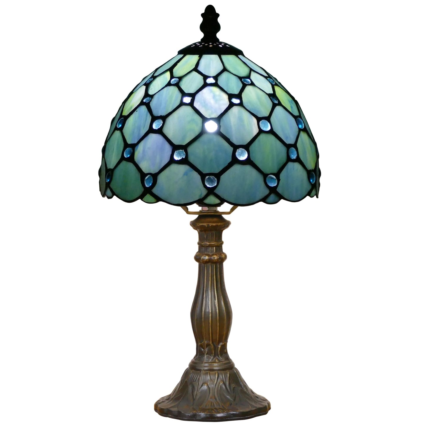 WFAYNTIFL Small Tiffany Lamp Mini Stained Glass Table Lamp Sea Blue Pearl Style Bedside Accent Lamp Memory Sympathy 8X14.5 Inch