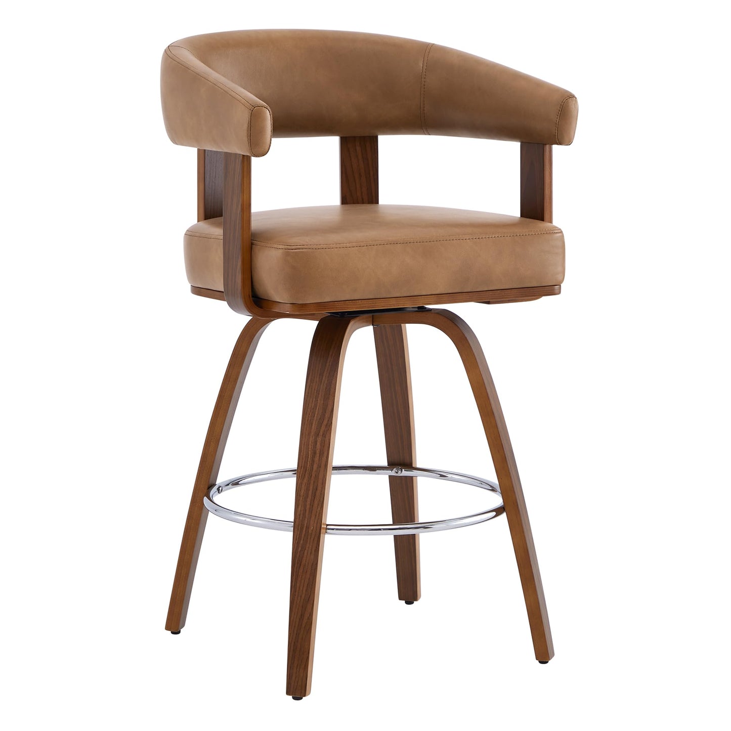 CHITA Swivel Counter Height Barstools Set of 2, FSC Certified Faux Leather Upholstered Bar Stools with Back and Armrest for Kitchen Island Home Bar, 27" Seat Height, Camel with Walnut Frame