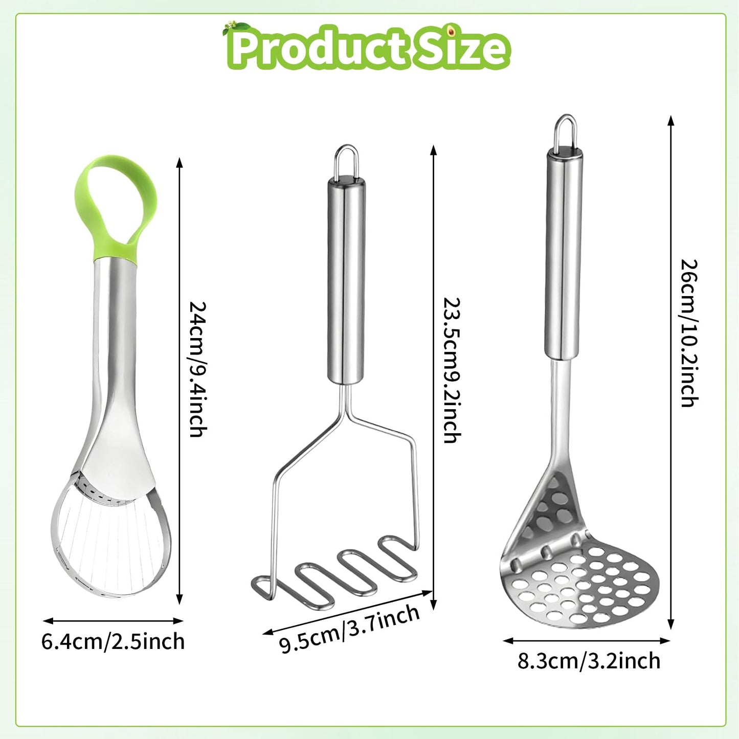 3-in-1 Avocado Slicer Tool,Stainless Steel Avocado Cutter with 2pcs Potato Masher- Multi-Function Avocado Tool for Slicing,Scooping Pit Removal Kitchen Too