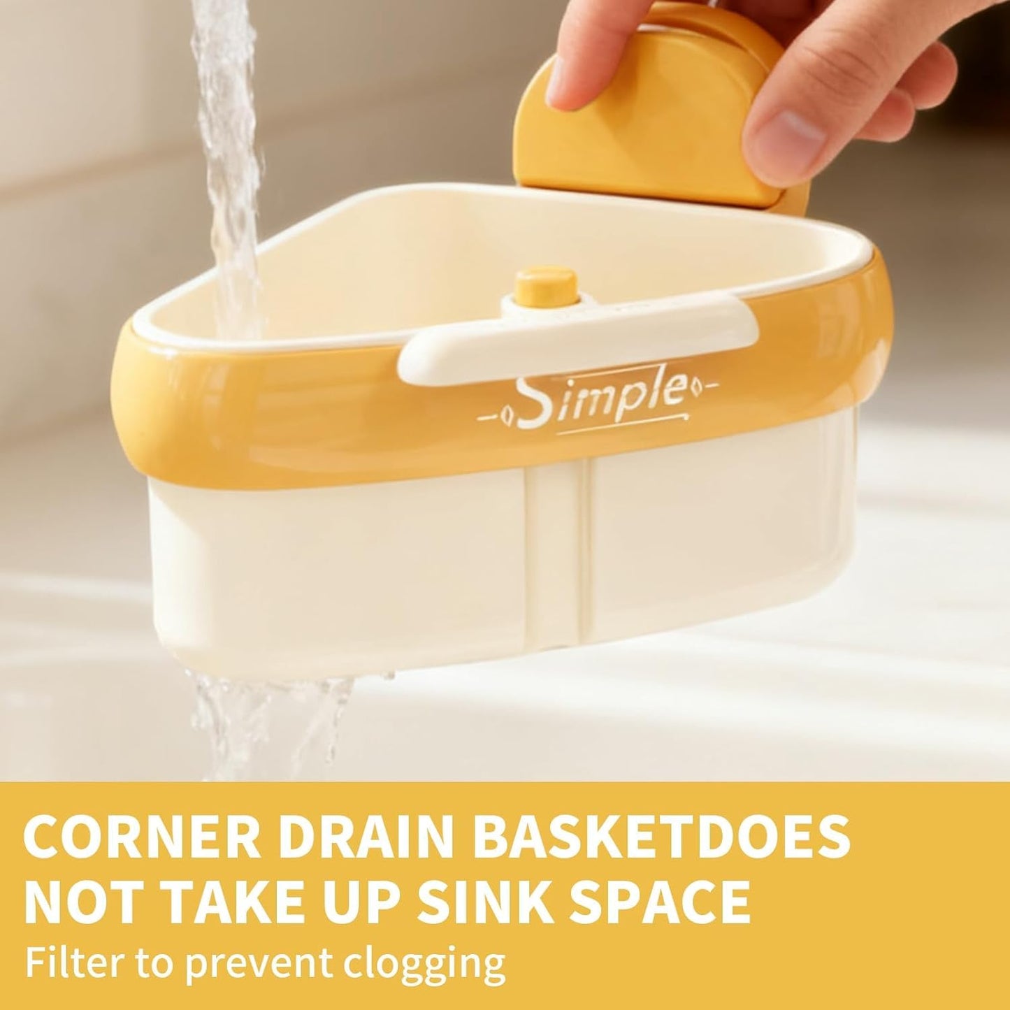 2026 New Suction Cup Sink Strainer | Corner Sink Strainer | Sinks Trash Food Waste Catcher | Triangle Storage Rack with Drain Hole | Press Automatic Dumping Sinks Drainer Basket (Yellow)