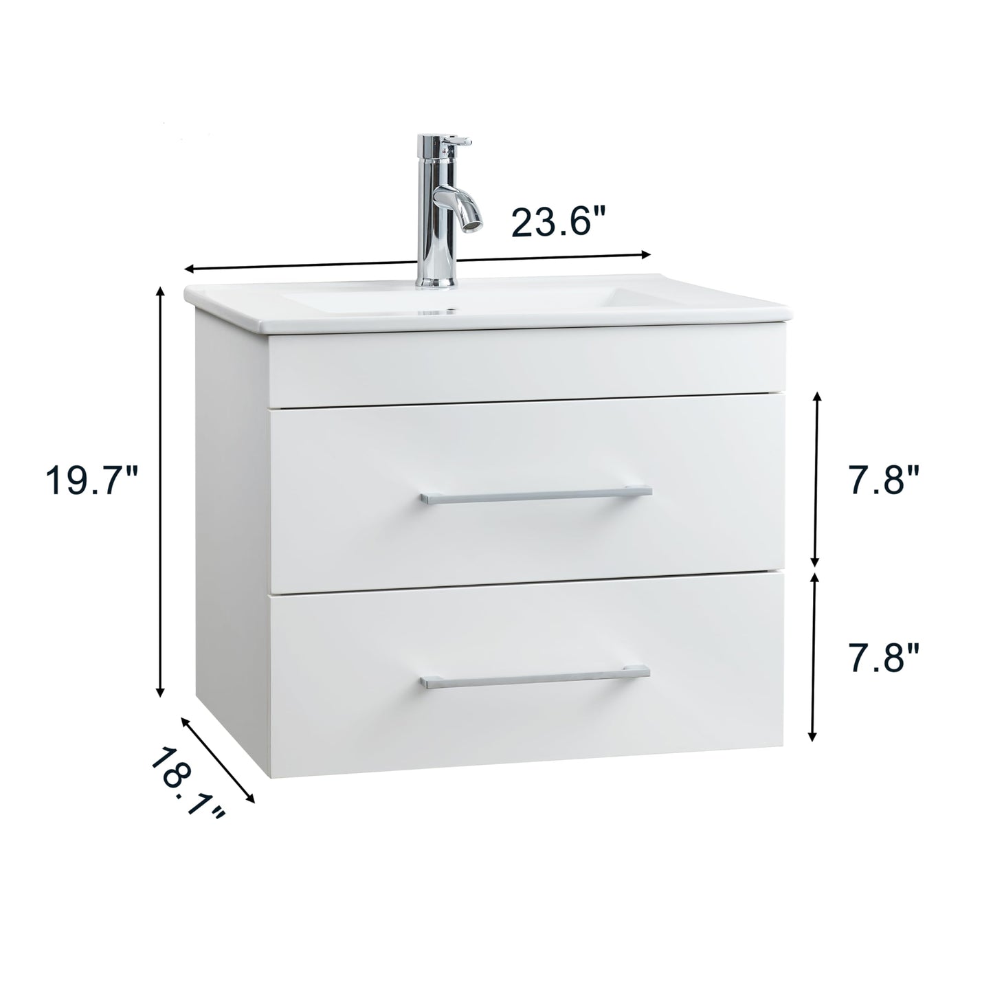 KEIKI 24" Gloss Wall-Mounted Bathroom Vanity with Ceramic Sink, Double Soft-Close Drawers, Modern Minimalist Design