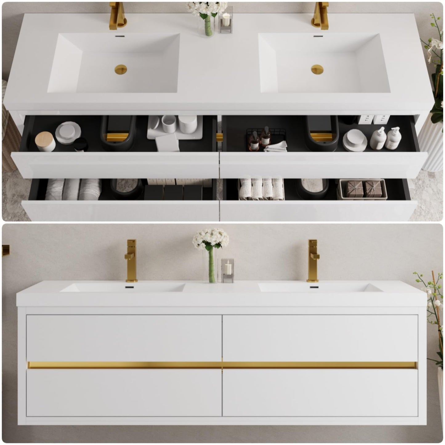 Trygoal 72" Bathroom Vanity with Sink, Floating Vanity with Resin Countertop & 4 U-Shaped Interiors, Wall-Mounted Bathroom Storage Cabinet with Soft-Close Drawers for Home, Easy to Clean, Glossy White