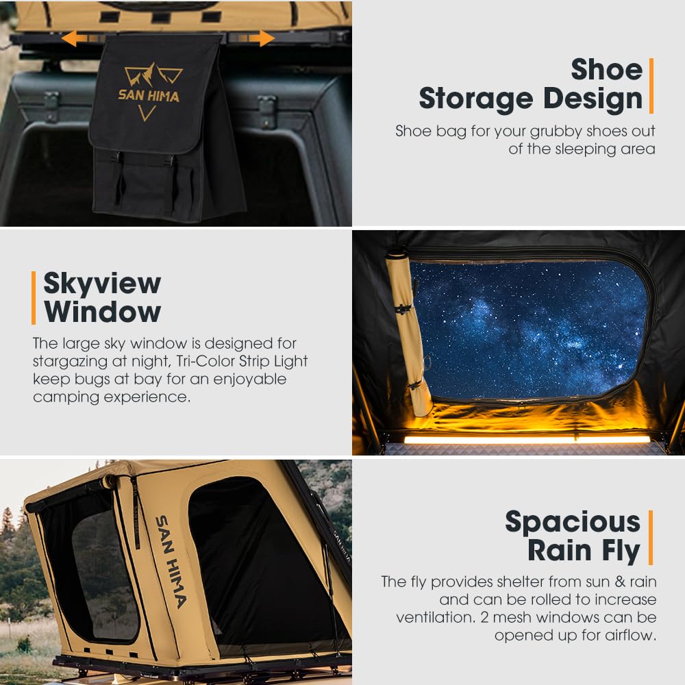 Sanhima Rooftop Tent Hard Shell - Hotham Overland Aluminium Roof Top Tent w/Larger Space, LED Strip Light & Skyview Window, 2” Thick Mattress, for Car SUV Truck Camping, 2-3 People, Khaki