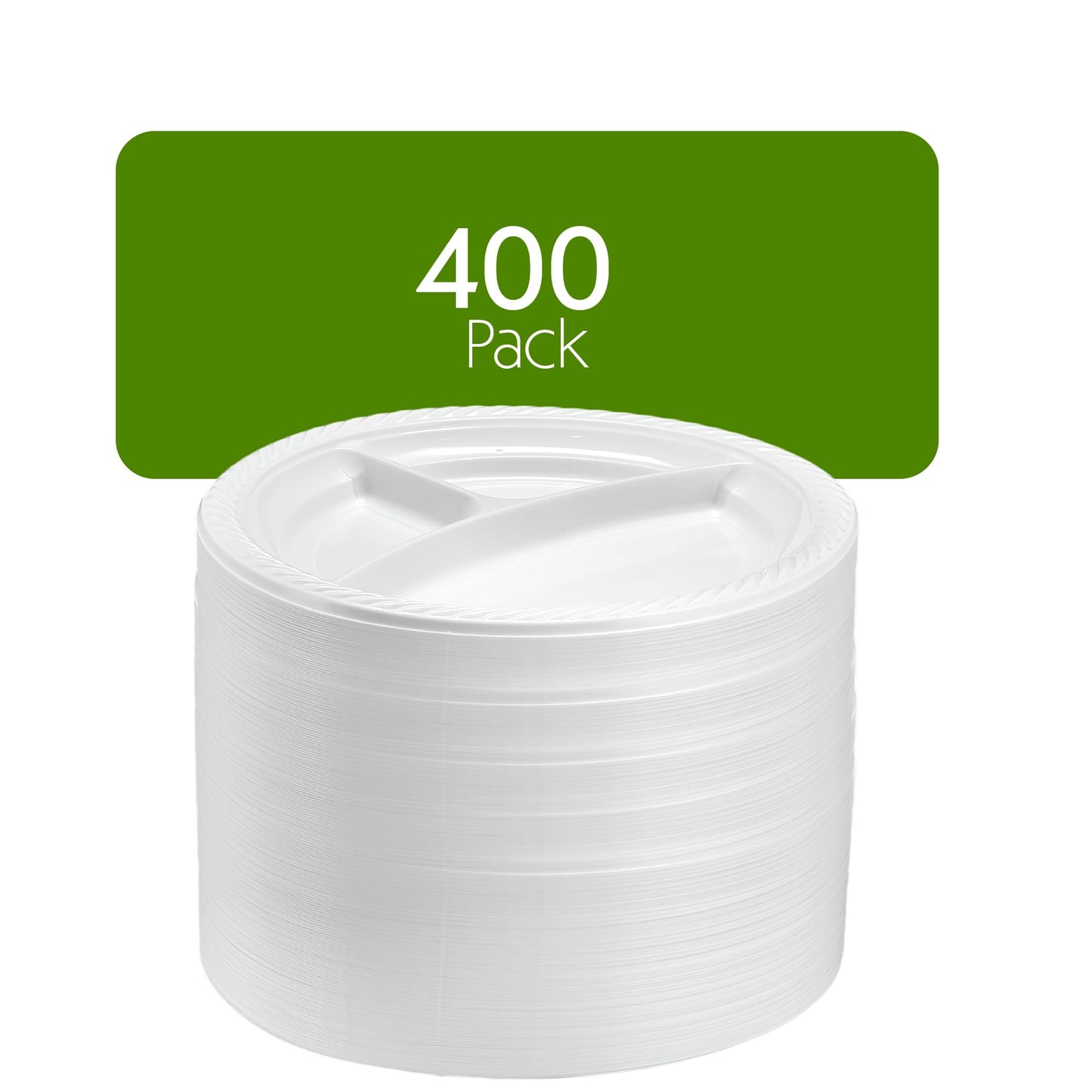 PLASTICPRO 9 inch Round Plastic Plates 3 Compartment - 3 Section Plates Microwaveable, Disposable, White, Dinnerware 400 Count