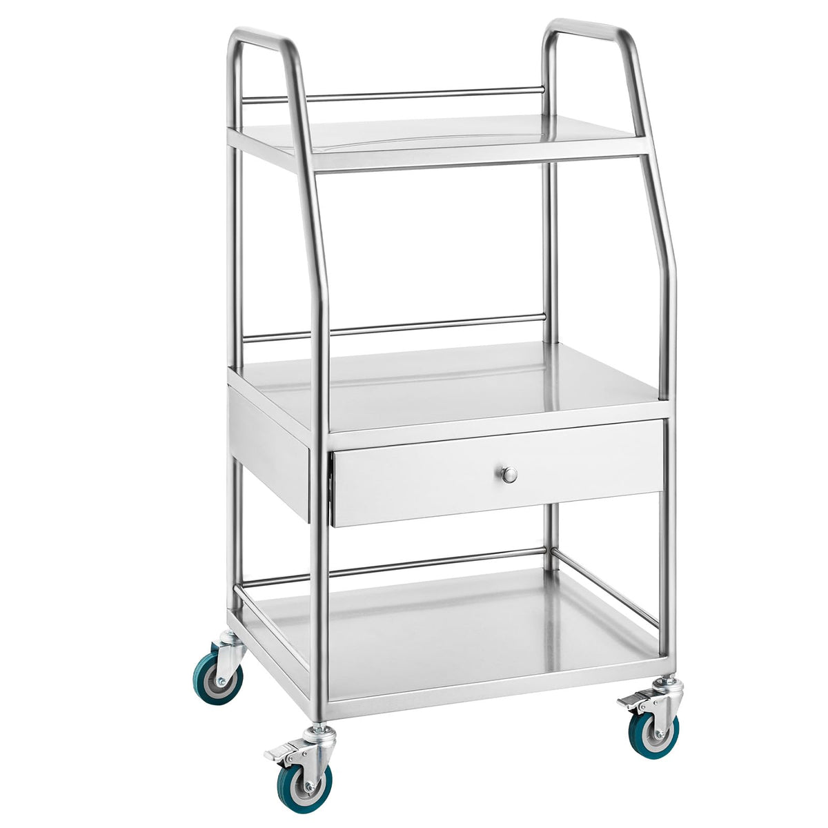 Happybuy Lab Serving Cart, 3-Tier Stainless Steel Utility Rolling Cart with Drawer, Medical & Dental Cart with Lockable Wheels, for Laboratory, Hospital, Clinic Use