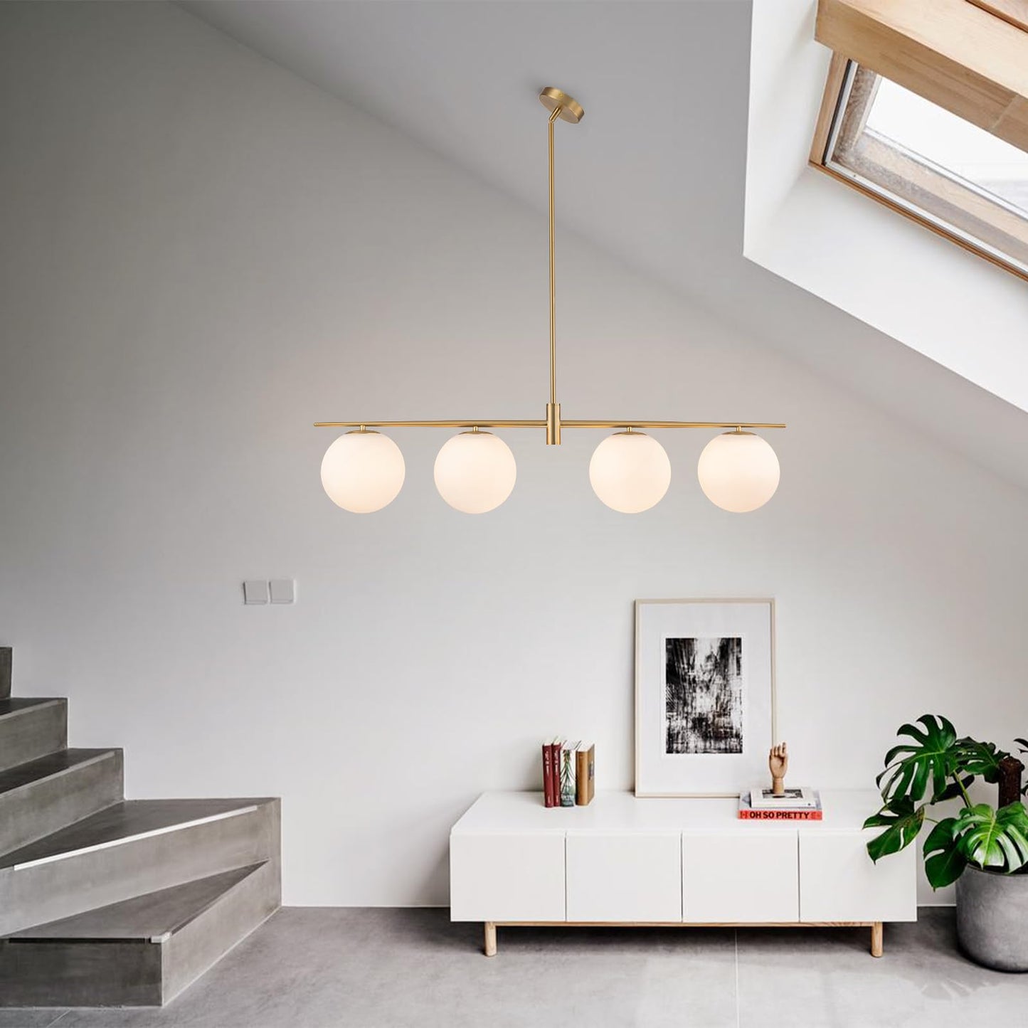 Zicbol 45.3" Modern Linear Chandelier 4-Lights Milk Glass Globe Linear Pendant Light Fixture Brushed Gold Mid Century Chandelier Kitchen Island Dining Room Light Fixture Over Table