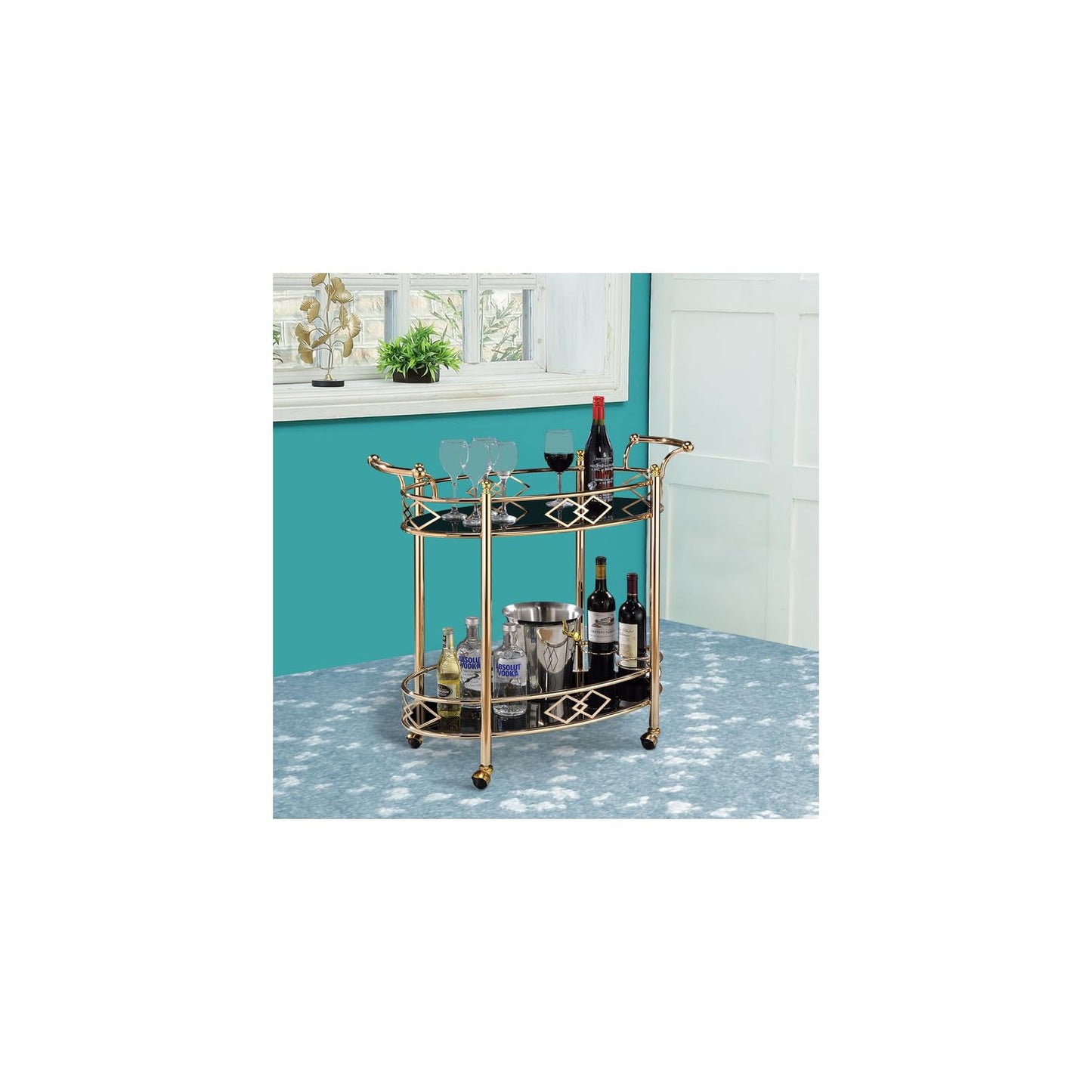 HomeStock Gold Serving Cart with Glass Shelves - Metal Bar Cart, Drink Cart, Kitchen Utility Cart